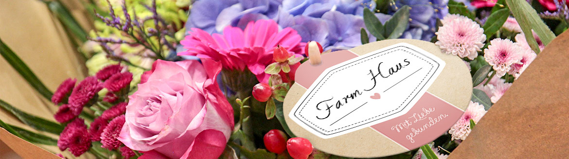 Blumenstrauß mit Floristiketikett mit Beschriftung Farm Haus - Mit Liebe gebunden